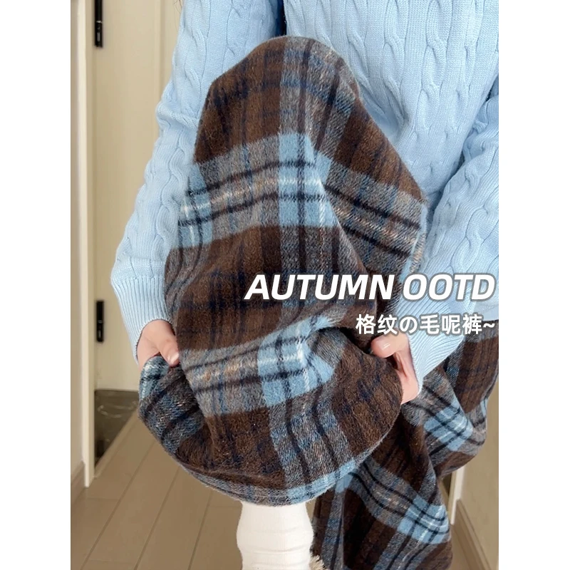 蓝色加厚毛呢格子裤女秋冬2025年新款宽松直筒垂感加绒休闲阔腿裤