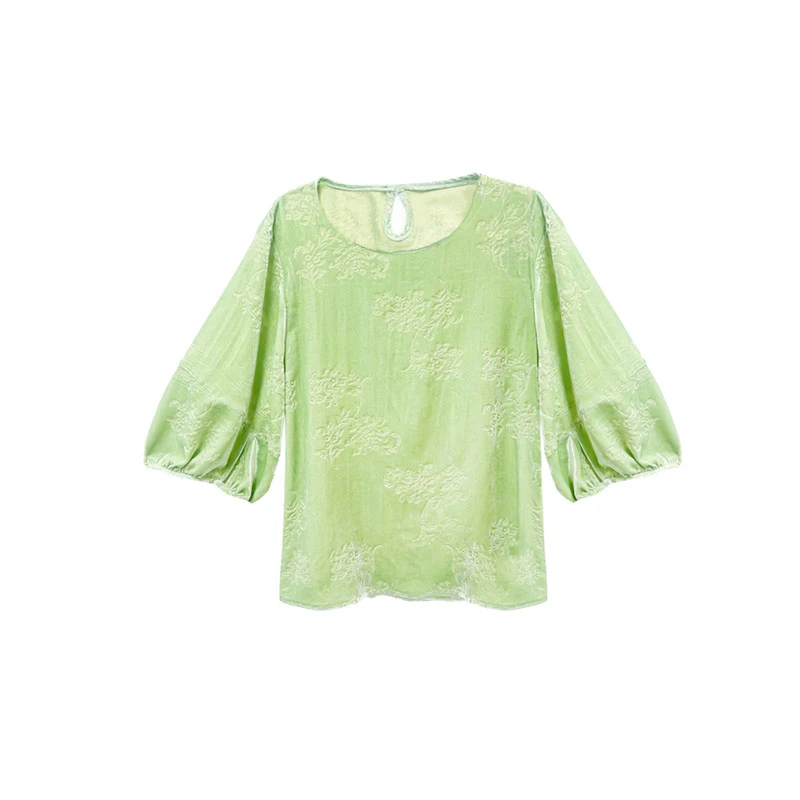 【橙庐】103300原创新中式牡丹提花烂花绡丝绒马蹄袖上衣 桑蚕丝