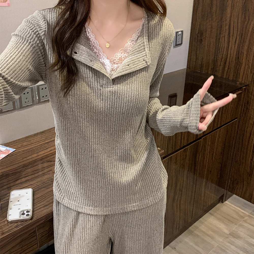 浪漫春天秋冬新款保暖长袖带杯垫半开衫睡衣薄绒外穿舒适套装2673