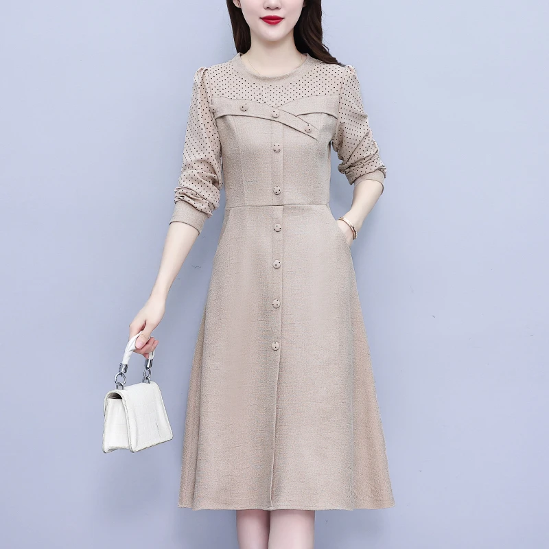 大码裙子2025春秋胖鹿皮绒圆领波点拼接气质显瘦百搭长袖连衣裙