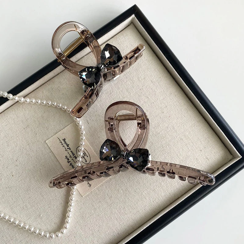 范儿美高级感发夹黑茶色韩式轻奢水晶蝴蝶结大号抓夹鲨鱼夹大发量