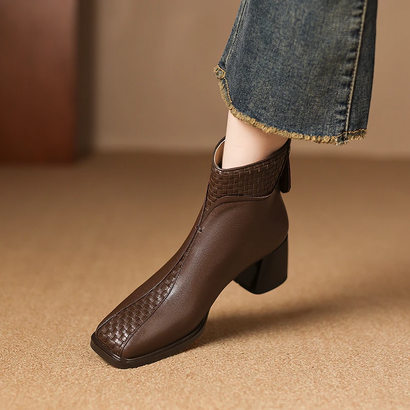 羊皮 6厘米 34-400 时尚粗跟法式瘦瘦靴单靴棕色百搭复古短靴