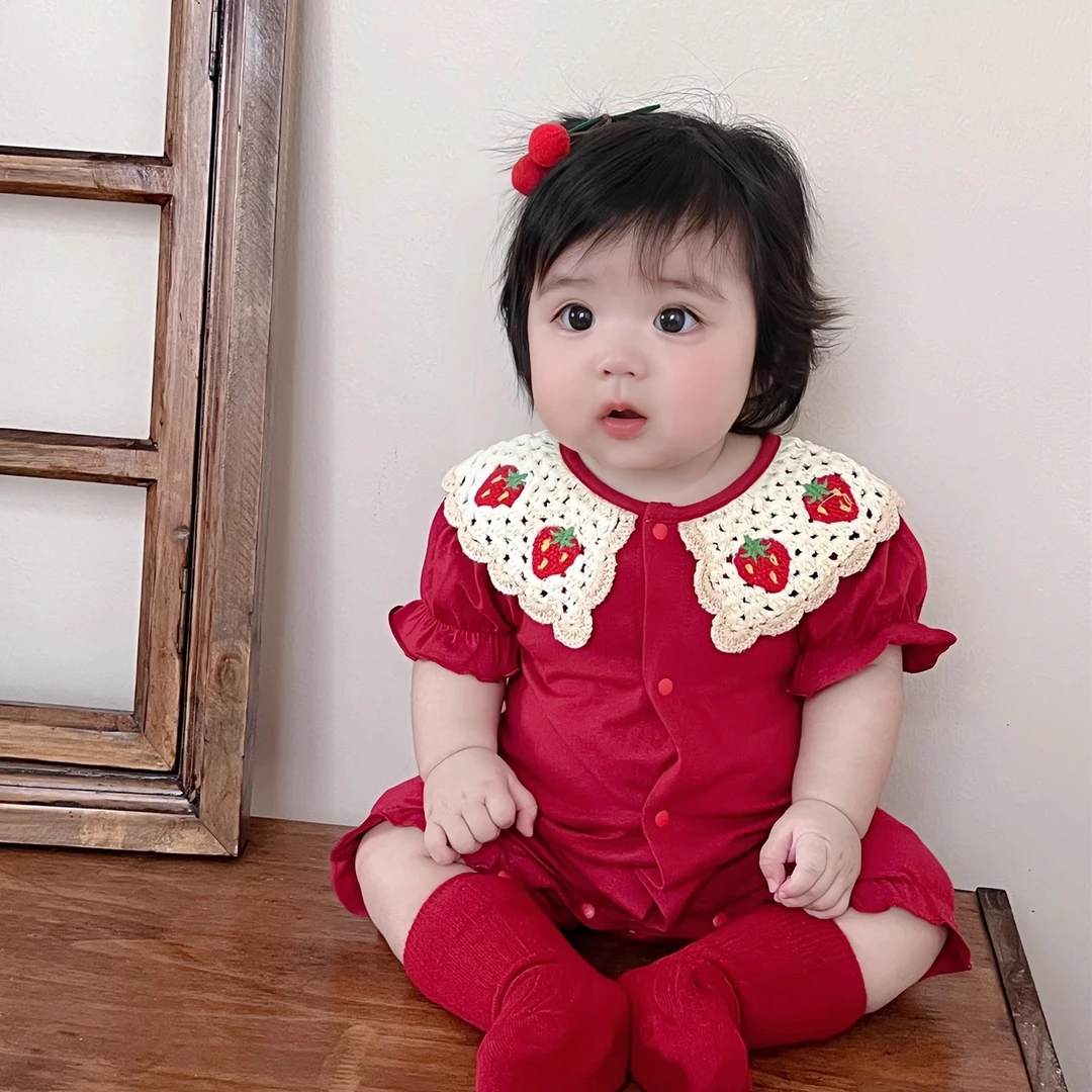 婴儿衣服夏季薄款女童连体衣红色满月服百天包屁衣女宝宝周岁礼服