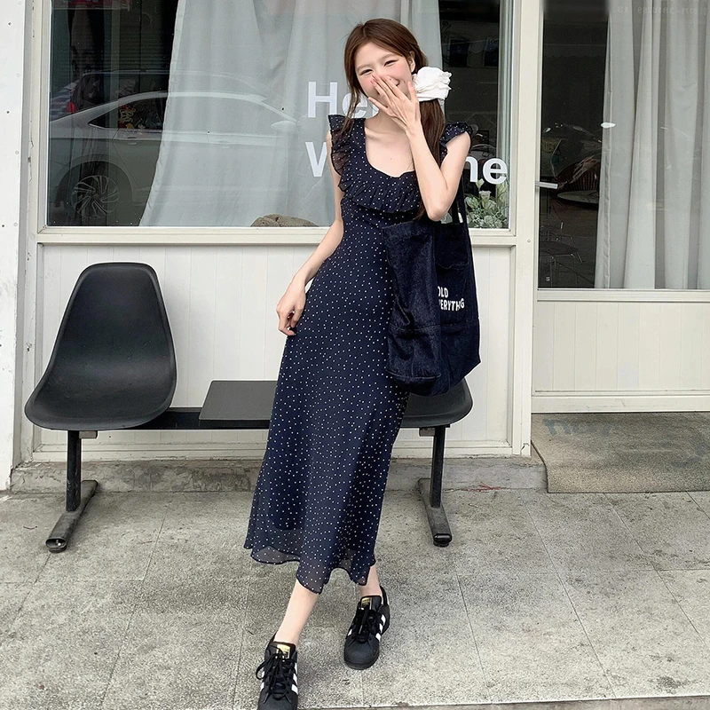 【清仓+运补5米】法式波点吊带连衣裙夏季荷叶边小飞袖长裙1329