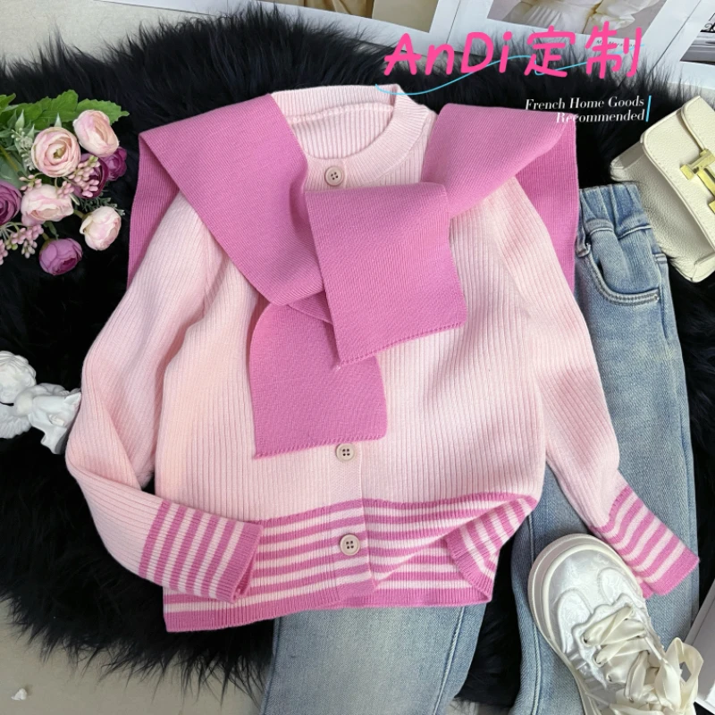 〖ANDI〗订制春季新款中大童披肩针织开衫两件套套装3507