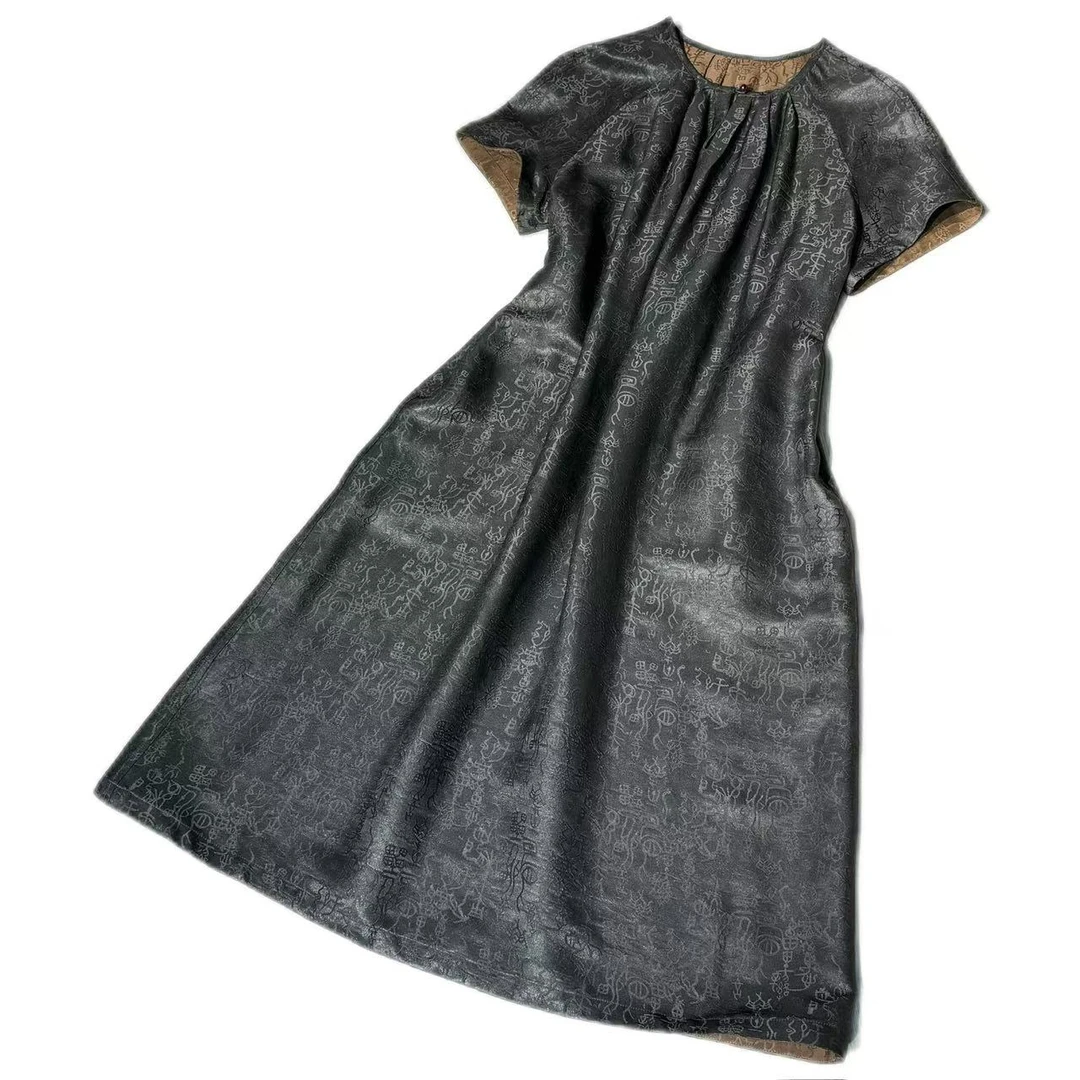 【甲骨文】50姆米提花香云纱休闲显瘦前后两穿短袖黑色气质连衣裙