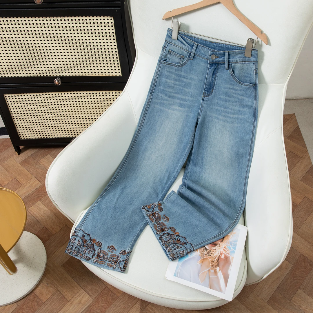 【G.H】夏季新款锦绣江南新中式万针刺绣锦萃蓝莱赛尔直筒牛仔裤女