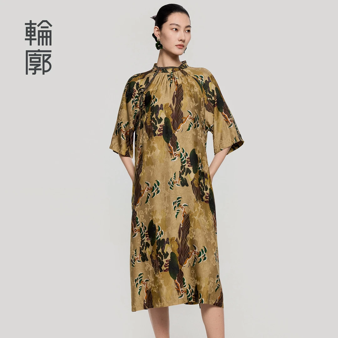 轮廓松石L252Y002中式时尚百搭提花连衣裙气质休闲复古宽松圆领裙