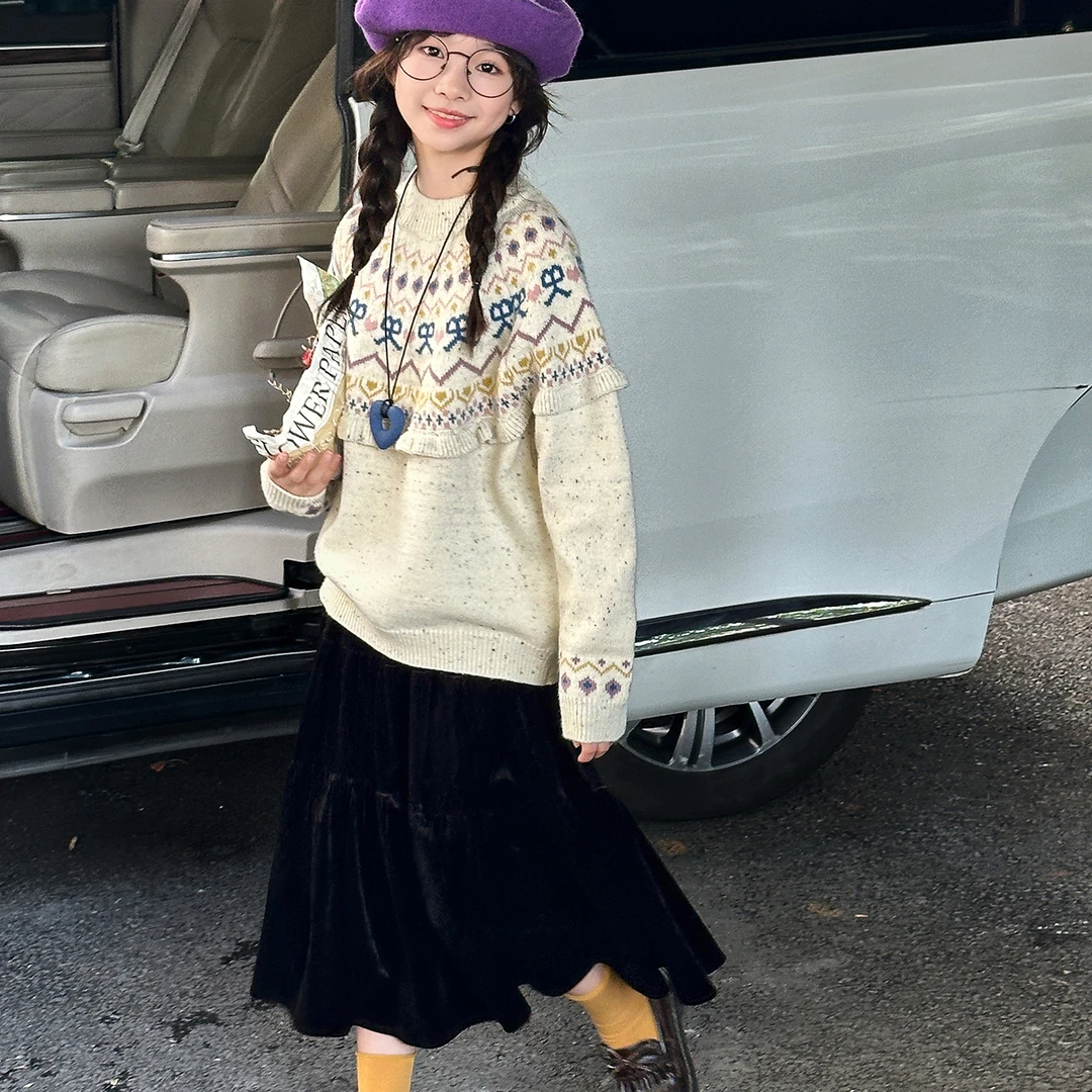 女童毛衣秋冬装2025新款女大童秋季加厚针织上衣儿童保暖圆领上衣