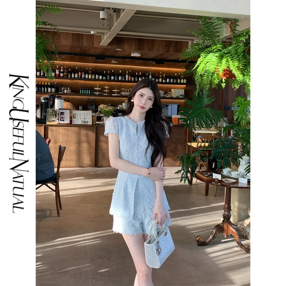 KUN【宋织茶香】清冷氛围 透气肌理针织提花微收腰凉感半袖短裤套装