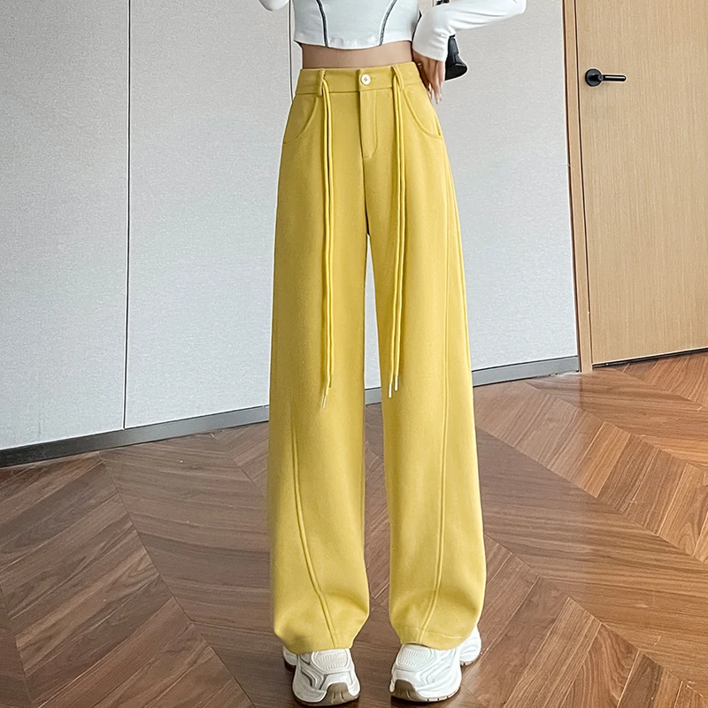 黄色窄版弯刀裤女2025年春秋新款松紧高腰垂感显瘦休闲裤子阔腿裤