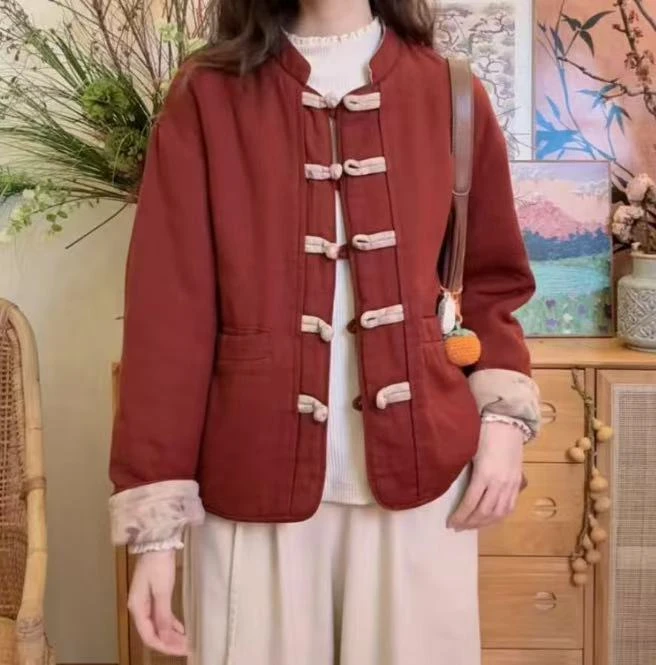 2025冬季新款棉麻盘扣棉衣短外套新中式复古国风双面穿显瘦棉服女