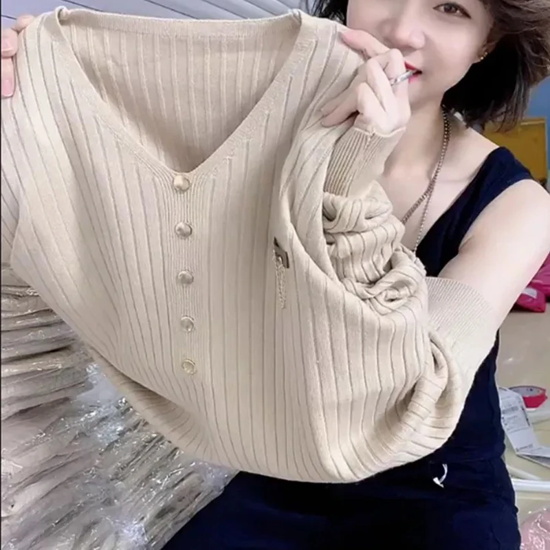 春秋V领毛衣女宽松针织衫宽松套头毛衣女款2024款网红百搭毛衣女