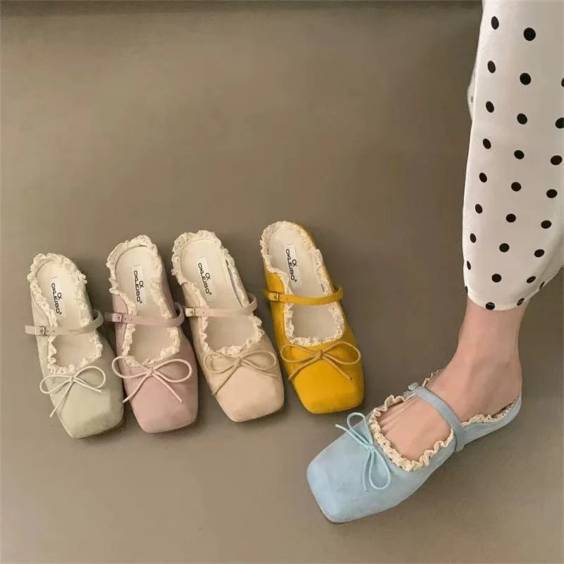 温柔仙女芭蕾风包头半拖女夏2025新款方头蕾丝边蝴蝶结穆勒凉拖鞋