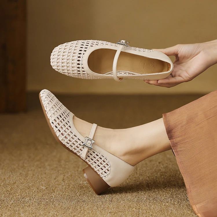 圆头粗跟2025年春秋季新款百搭女新品真皮女浅口单鞋浅口单鞋