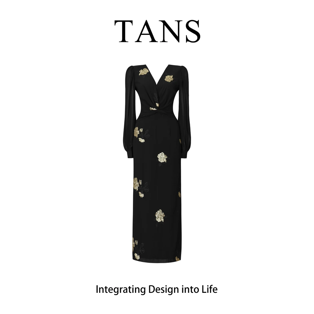 现货 TANS【秋季新品】法式V领气质收腰显瘦设计感长袖连衣裙女