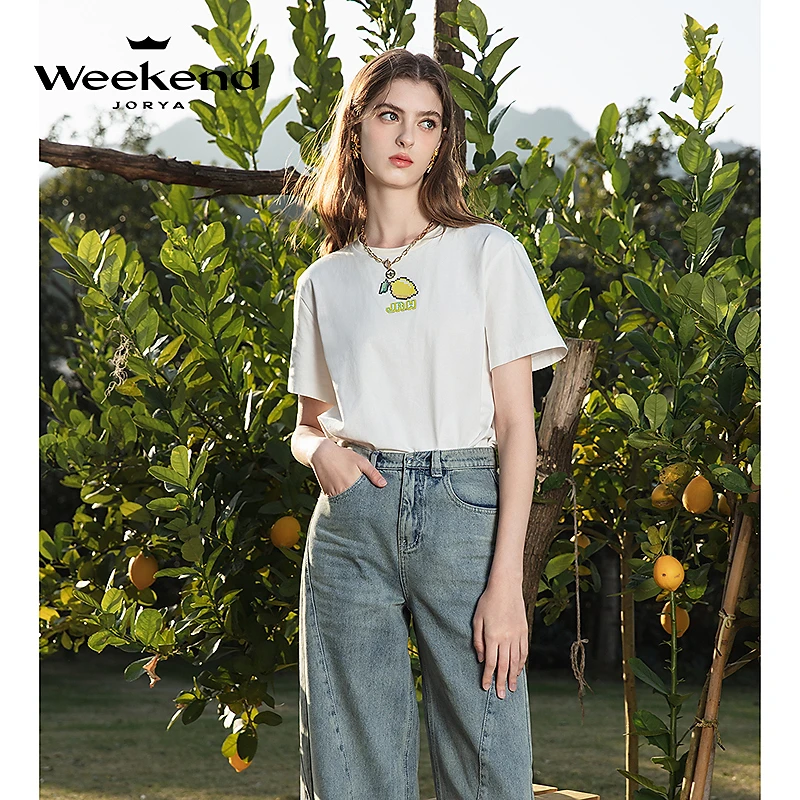 卓雅周末春季新款圆领马赛克柠檬印花通勤纯色上衣EJWEAQ33