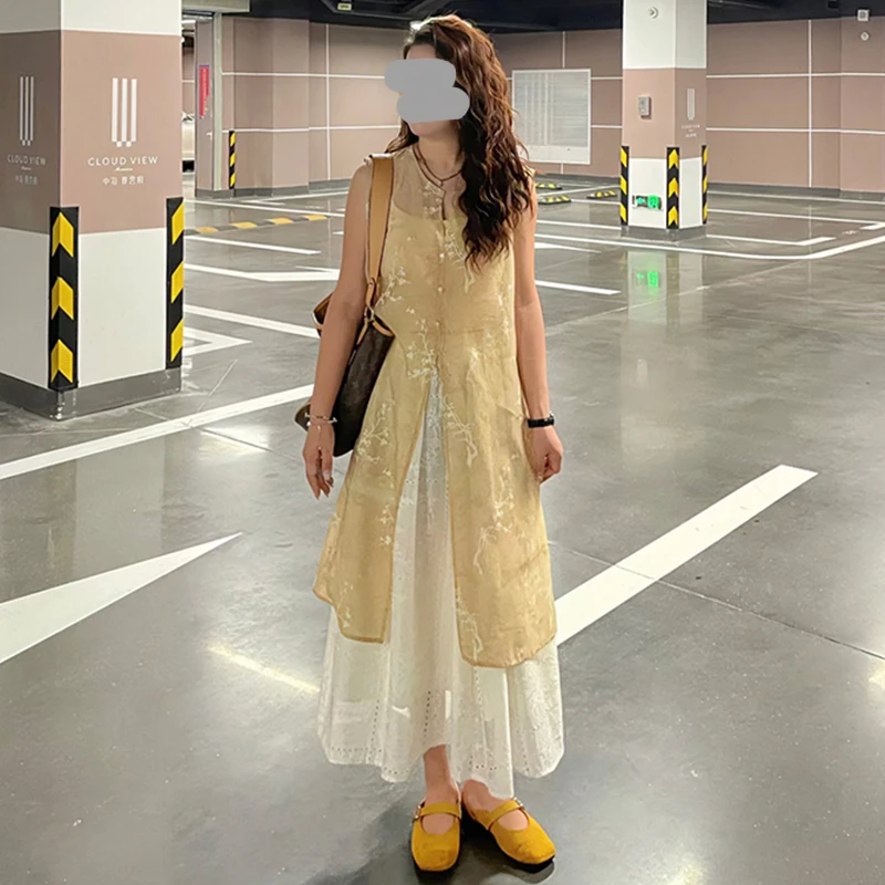 清冷贵气感穿搭套装女2026夏季新款气质国风印花长衫半身裙两件套