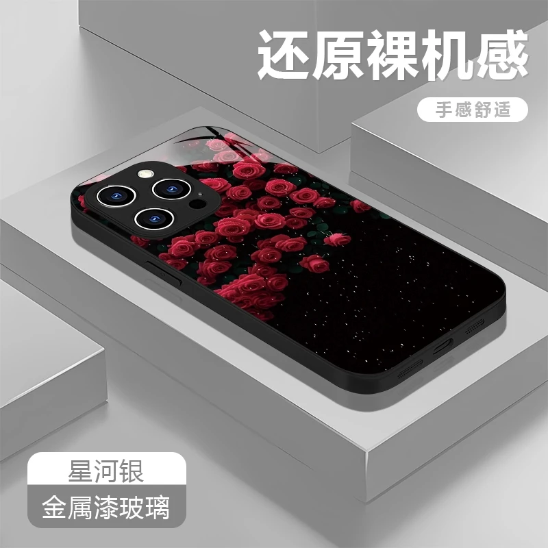 红玫瑰适用苹果16/15华为P70/vivo/oppo金属漆玻璃防摔手机壳女款