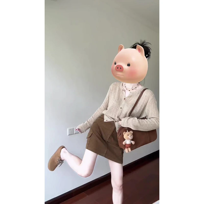 早秋2025新款休闲百搭坑条显瘦针织开衫宽松纯色减龄上衣短裙套装