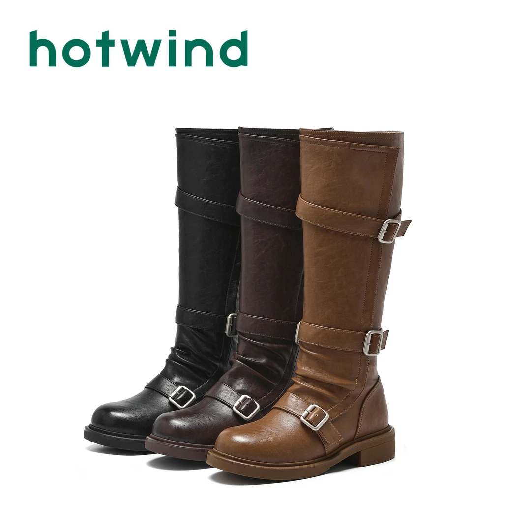 Hotwind热风2025新款秋季褶皱慵懒风秋冬百搭时尚皮带扣高筒长靴