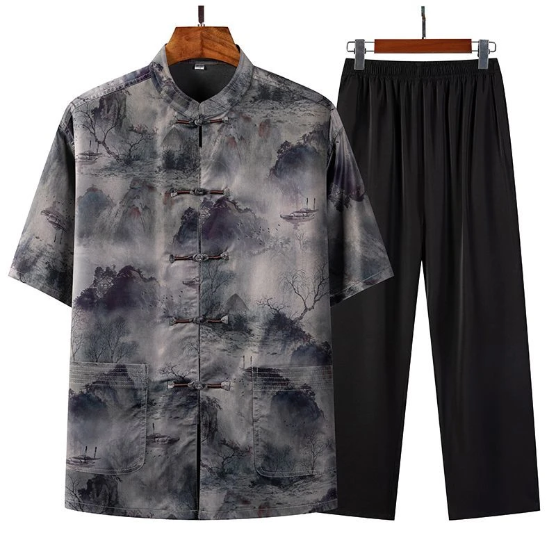 唐装男中老年古风冰丝绸缎夏季套装爸爸宽松大码汉服水墨画