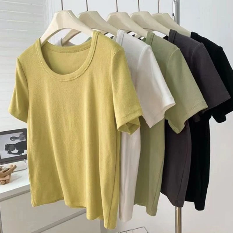 短袖t恤女夏季新款纯色棉上衣百搭u领基础款正肩修身显瘦打底衫潮