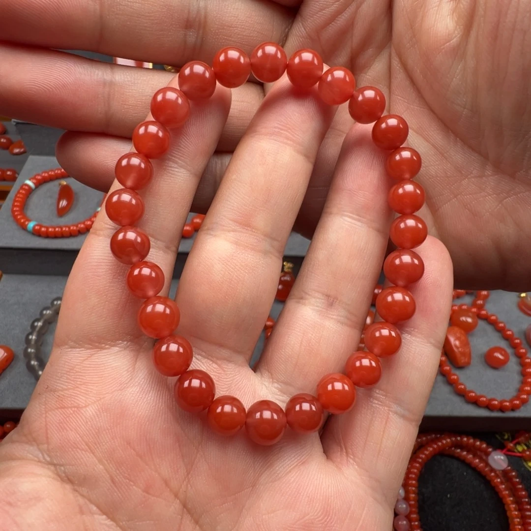 南红玛瑙未镶嵌保山大陷坝水红料手串 7+有微裂