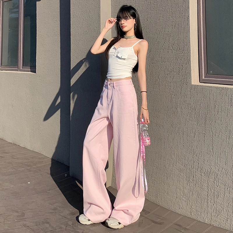 樱花粉阔腿水洗牛仔裤女2025新款秋季宽松直筒百搭显瘦垂感拖地裤