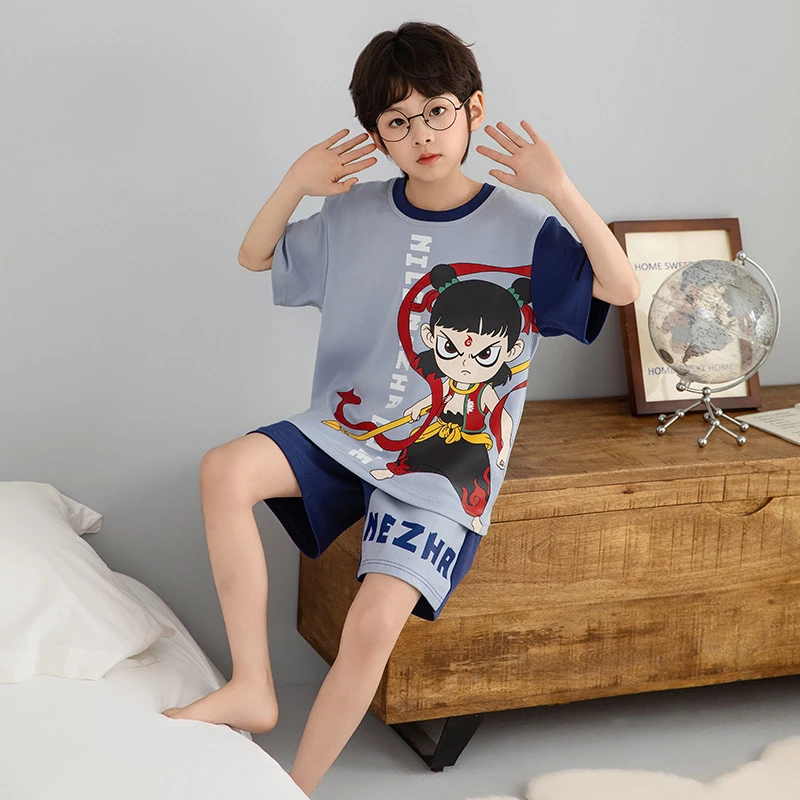 2511#新款男孩中大童棉质睡衣短袖短裤家居服套装