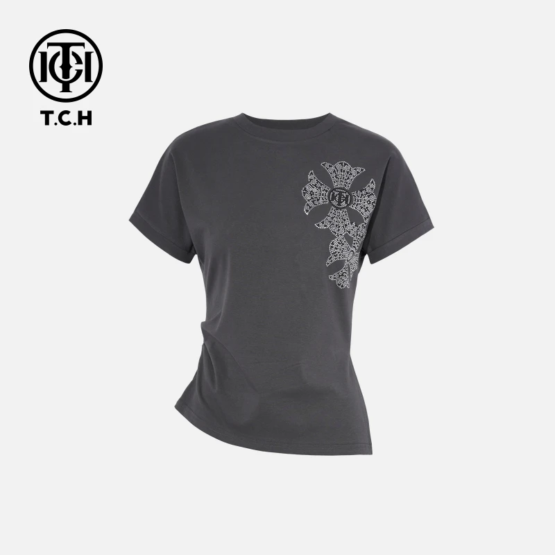 TCH私服烫钻工艺时尚休闲百搭舒适修身T恤女T75B10E5038轻奢tch