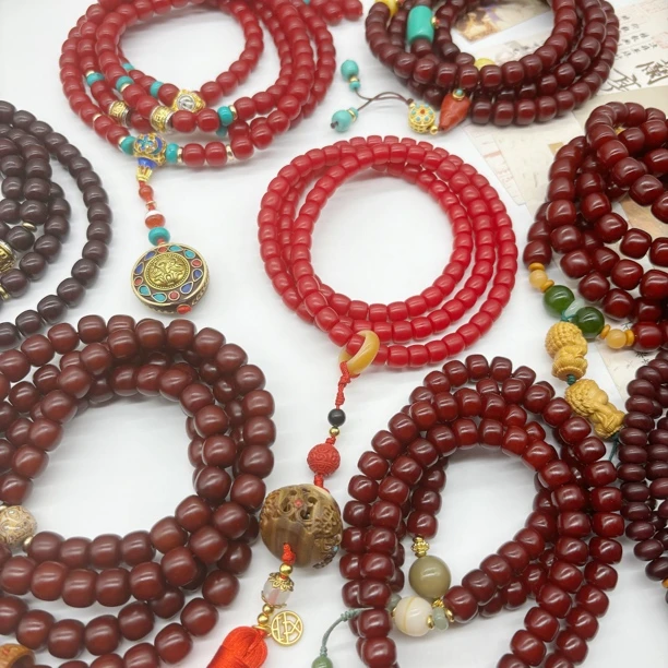 红色系菩提根怀业念珠手串108颗手持流苏古风文玩车挂念珠