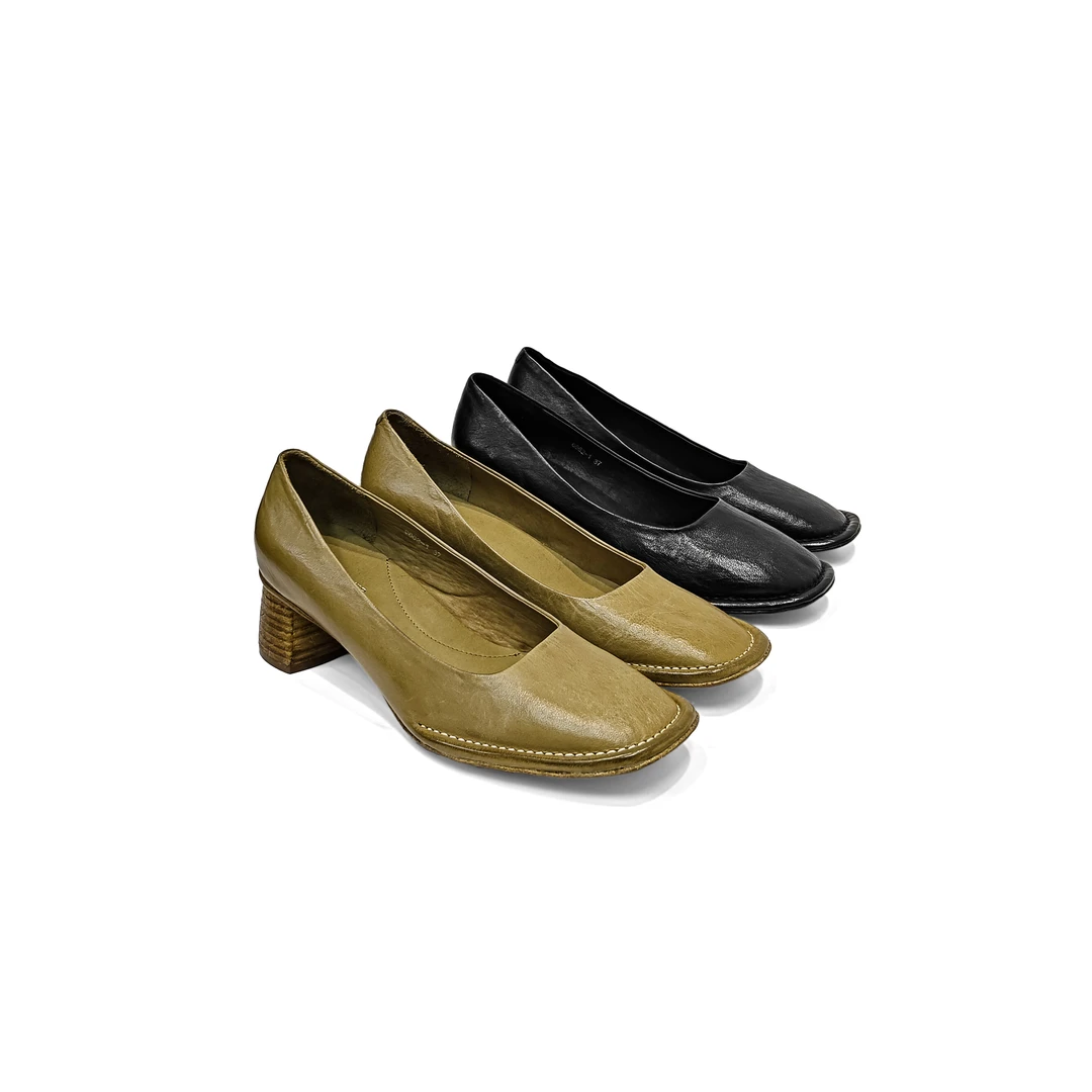 小众方头浅口水洗马皮一脚蹬单鞋2025年春夏新款粗跟女鞋