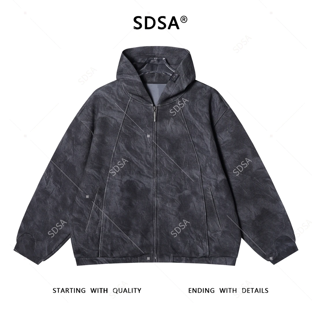 SDSA男士秋冬新款痞帅男装潮牌宽松扎染设计感拉链连帽卫衣网红款