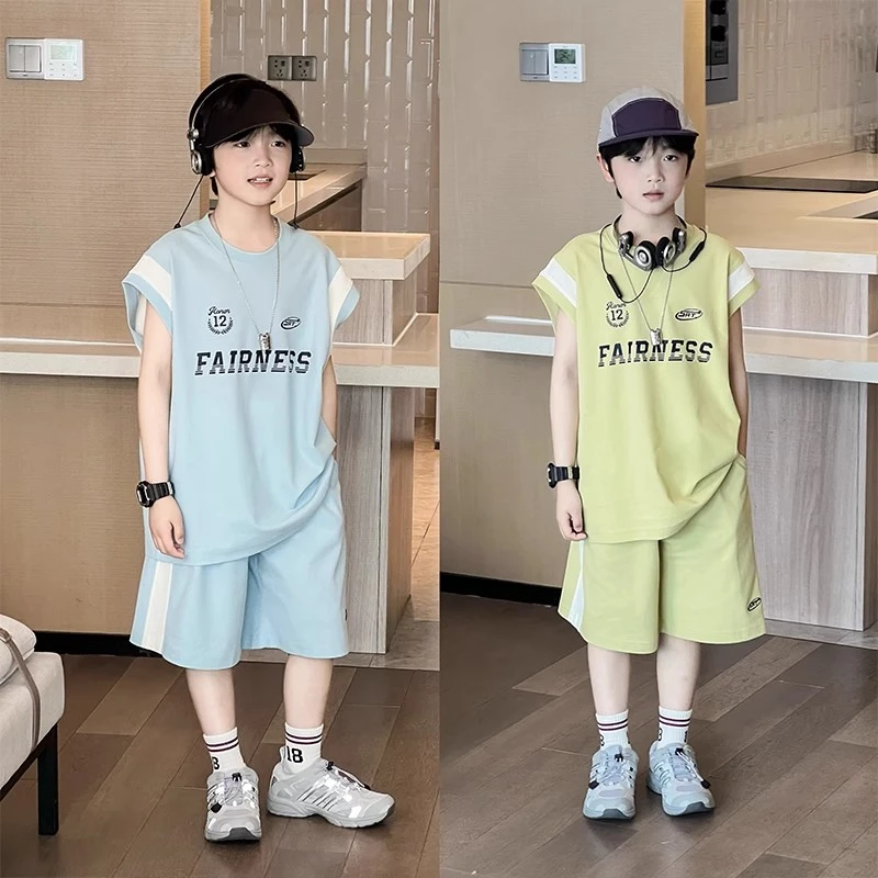 T495男童夏装背心套装2025儿童潮酷无袖上衣运动短裤中大童两件套