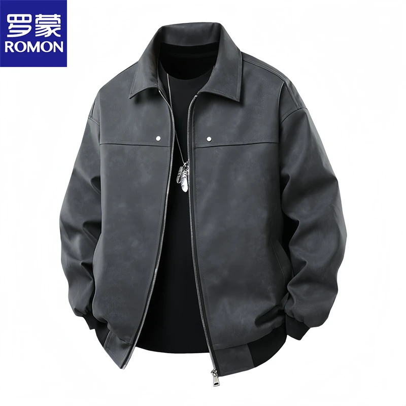 Romon/罗蒙男士春秋PU皮衣翻领外套男款宽松休闲百搭夹克短款潮流