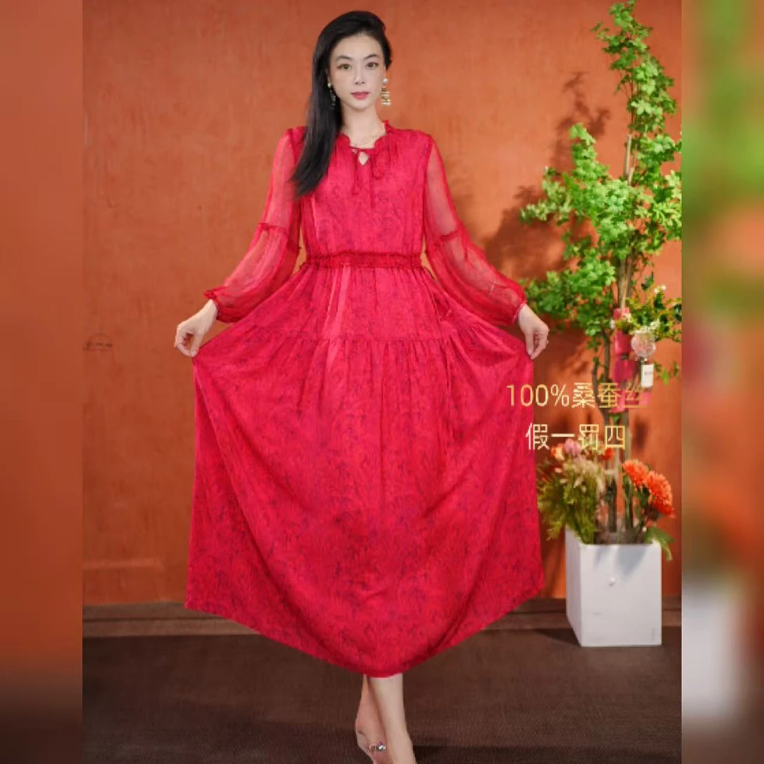 【多米拉】06925中长款红色旋律桑蚕丝连衣裙秋冬长袖裙子显瘦长裙