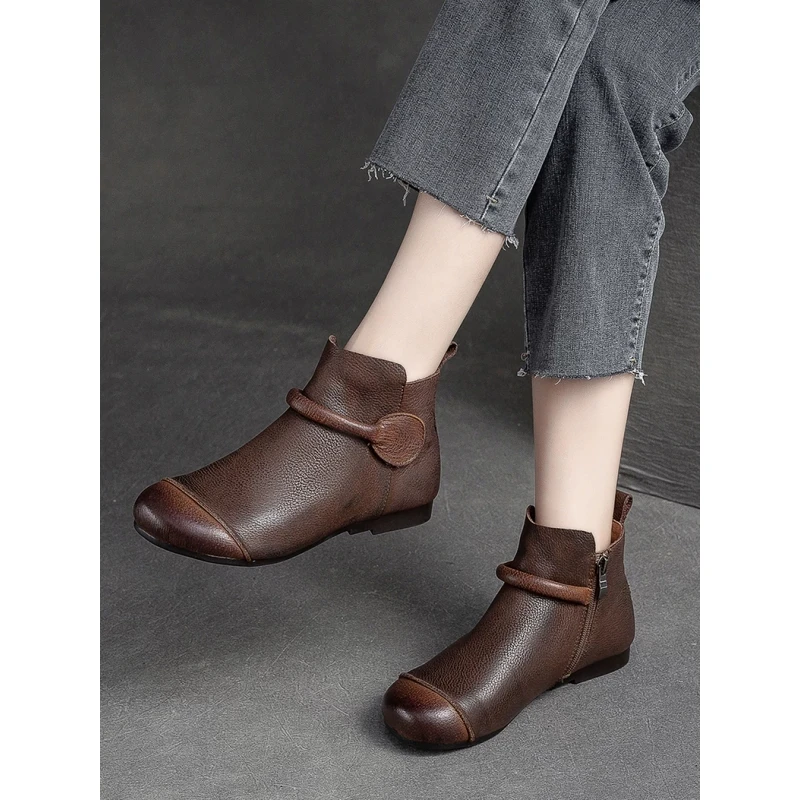 秋冬新款真皮软底不累脚舒适妈妈靴子女头层牛皮手工复古低帮短靴