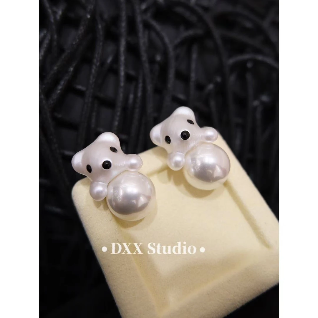 铜合金仿珍珠耳饰 小众设计白色小熊ins耳饰47088