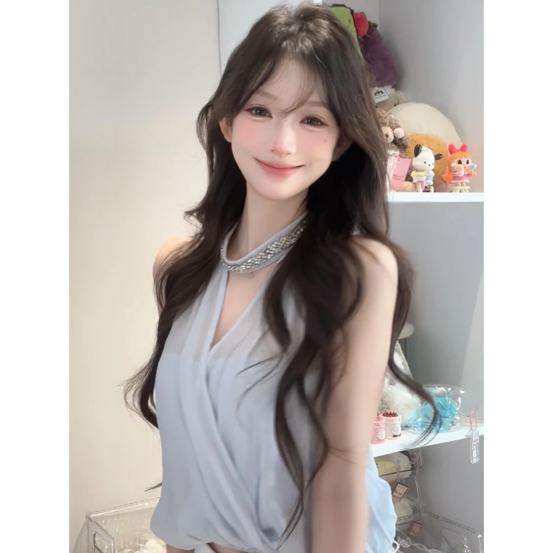 2025新款法式气质V领无袖雪纺上衣女夏季设计感通勤显瘦垂感百搭