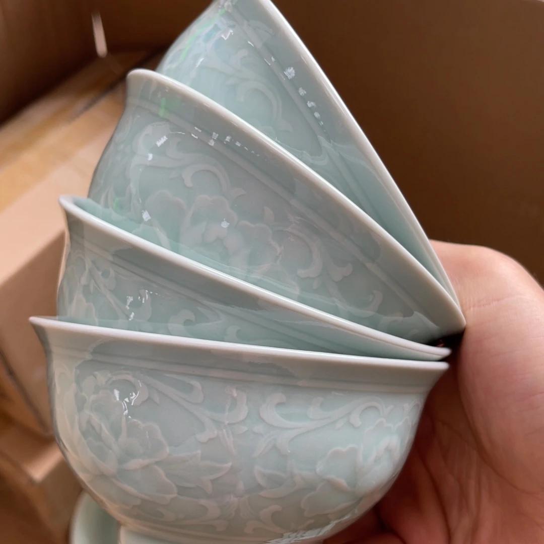 微瑕天青色4.7英寸牡丹碗4只