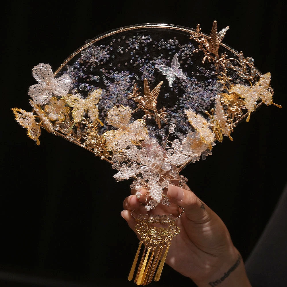 金色中式婚礼喜扇新娘结婚团扇古风手工diy材料包成品双面秀禾扇