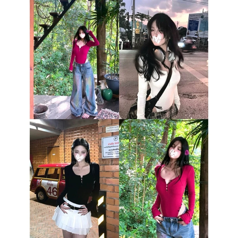 海岛少女设计感修身长袖针织T恤女纯欲收腰显瘦连体衣