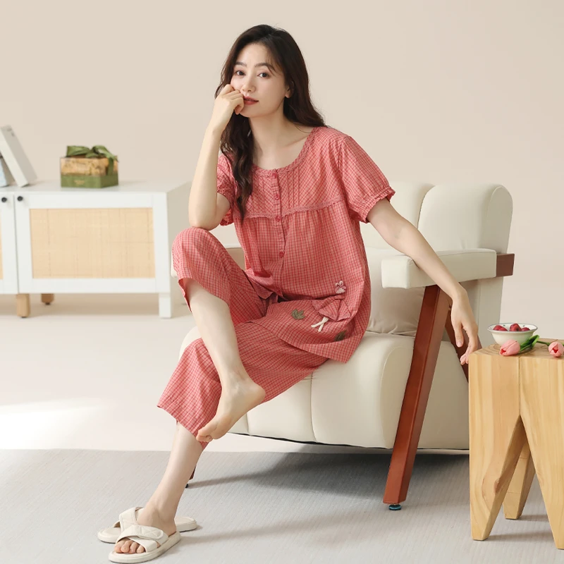 【梭织棉纱布】纯棉睡衣女士短袖七分裤薄款全棉家居服套装夏季大码