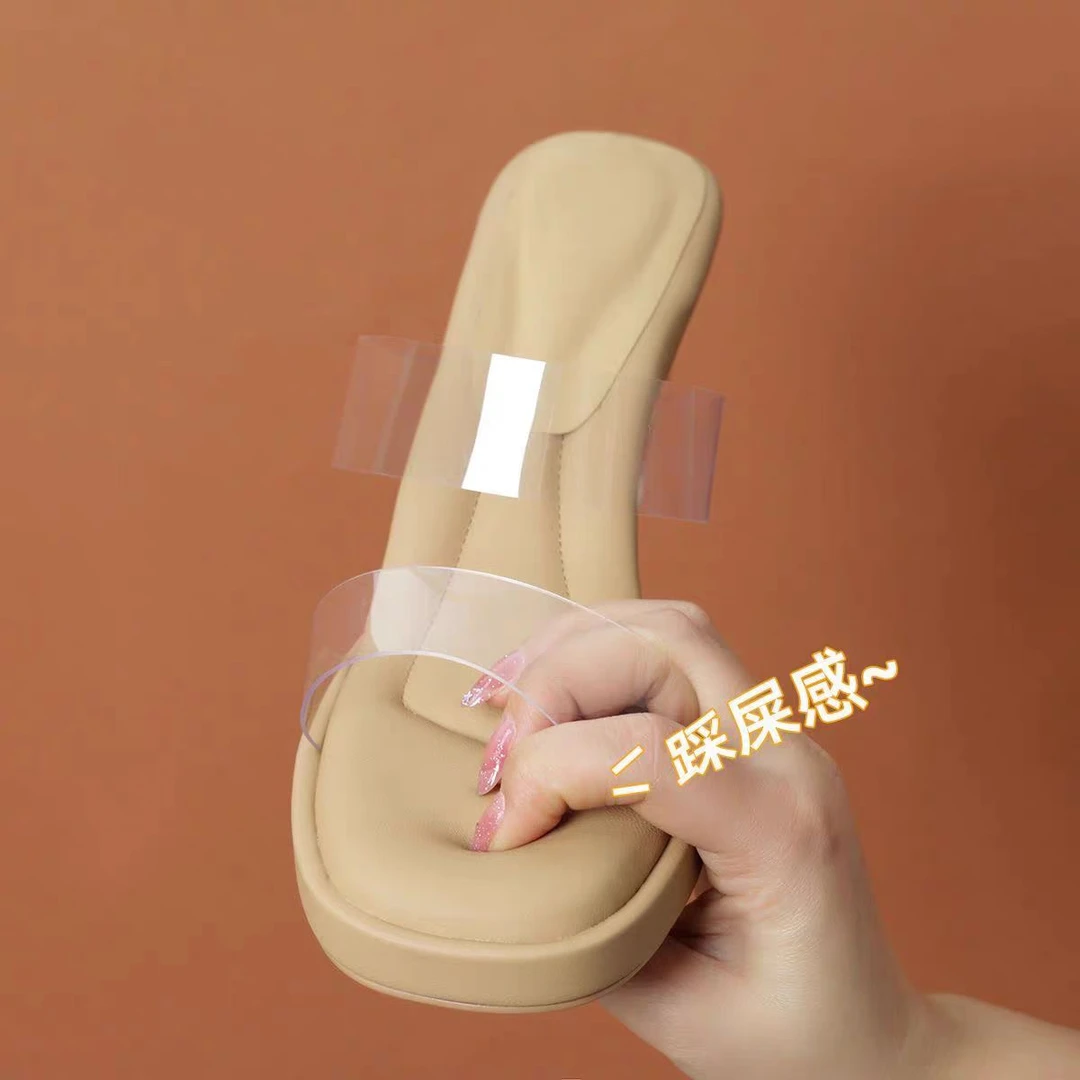 法式晚风粗跟高跟凉托鞋女夏防水台外穿透明踩屎感一字拖34-42码