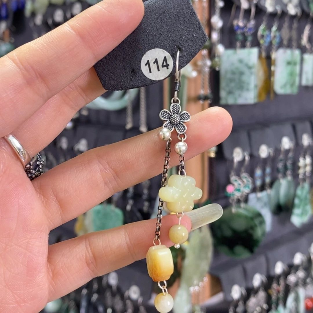 和田玉耳饰银S925镶嵌雨****?X05