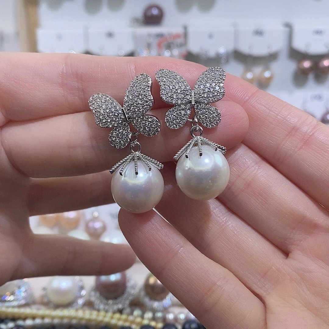 耳饰淡水珍珠银S925镶嵌w14.1有瑕疵银针