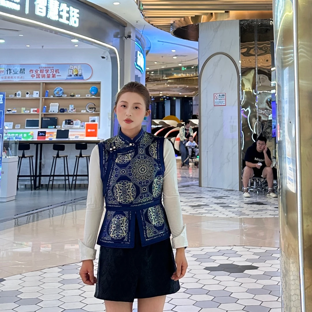 提花免烫套装拼接民族风春季白色马夹女装山水中式马甲网红时尚