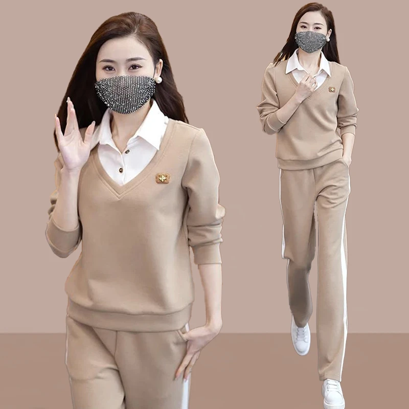 高含棉休闲运动服套装女2025年春秋新款减龄显瘦卫衣直筒裤两件套