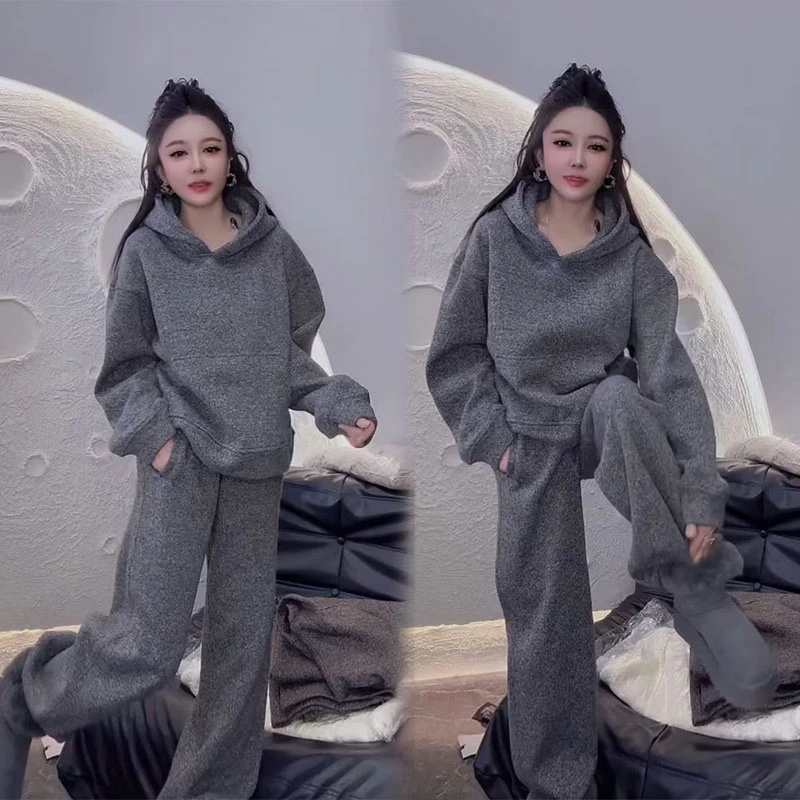 2025秋冬网红新款加绒加厚套装女欧货休闲灰色宽松连帽卫衣阔腿裤